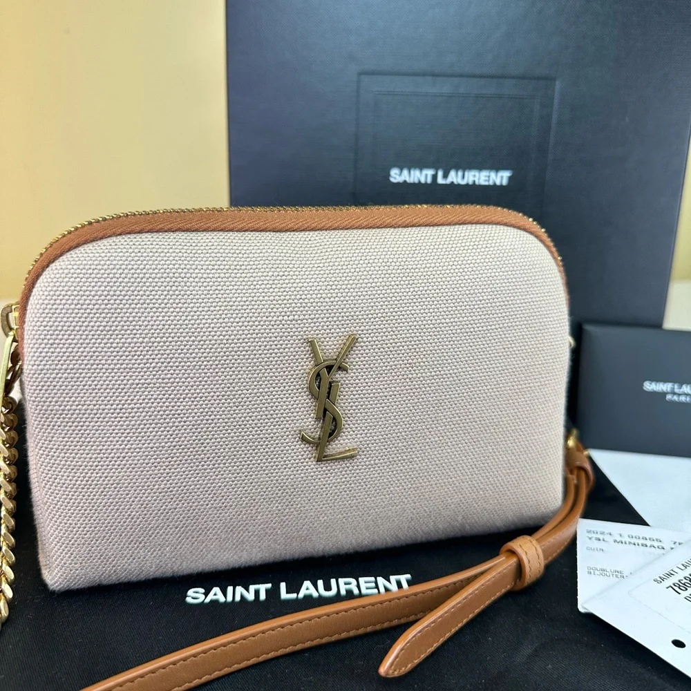 Saint Laurent NWT Gaby mini camera bag beige canvas tan leather Box dustbag COA - Picture 1 of 14